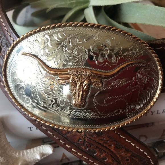 WESTERN LEATHER BELT GERMAN SILVER BUCKLE - Picture 2 of 10